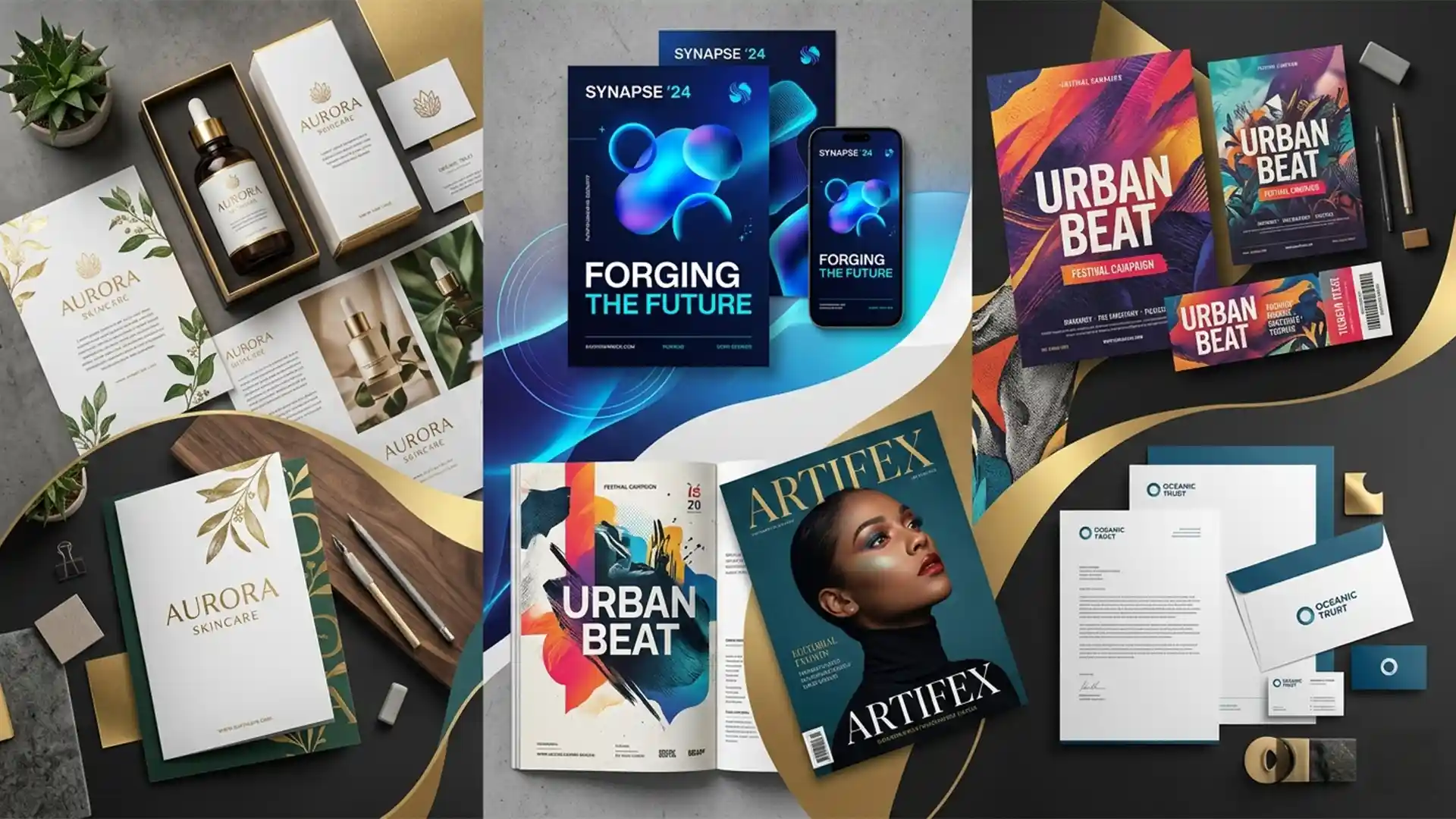 Creative graphic design collage showing multiple completed designs in one layout