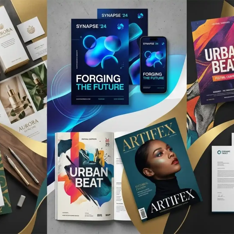 Creative graphic design collage showing multiple completed designs in one layout